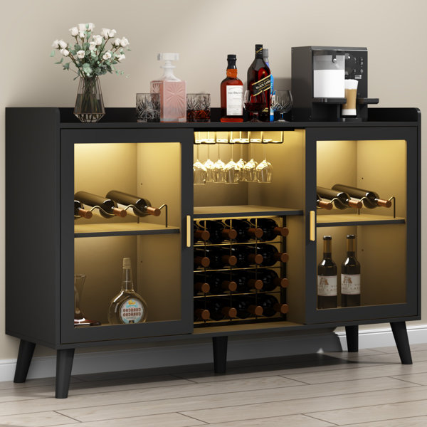 Wrought Studio Ermo Wine Bar with Led Light, Home Coffee with Wine and Glass